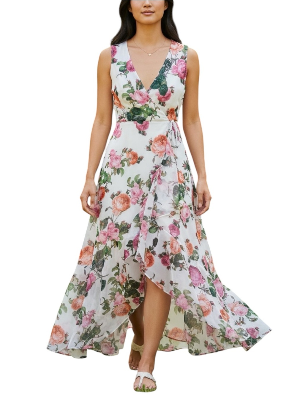 Calvin Klein Floral Sleeveless Chiffon High Low Faux Wrap Maxi Dress - Size 12